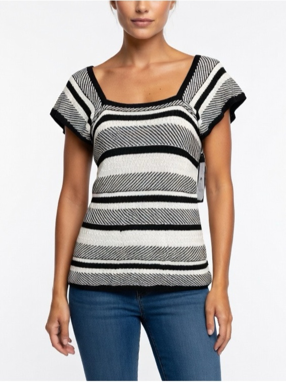 Liverpool Los Angeles Black & White Striped Knit Short Cap Sleeve Top